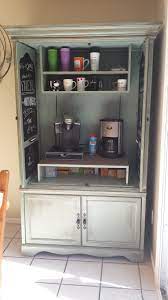 Inside Pic Of My Oak Armoire To Coffee Bar Hubby Made The Upper Shelves To Match The Bottom Doors Are Chalkb Armoire Bar Armoire Repurpose Armoire Coffee Bar