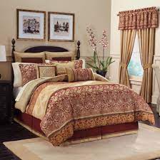 Interior Golden Red Long Curtains Combined With Cream Red Comforter Bedding Set Placed On Comfortable Bedroom Bedding And Curtain Sets Comforter Bedding Sets