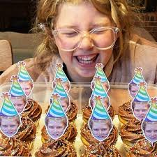 Birthday Cupcake Toppers With Face With Yellow and Blue Party Hat-  Personalized, Funny (12 Cupcake Toppers per Order), 30th, 40th, 90th