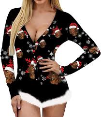 Women Christmas Onesies Pajamas Sexy Bodysuit Romper Xmas Long Sleeve  Nightwear Jumpsuit Sleepwear (Black Christmas Hat, Large) : Amazon.co.uk:  Fashion