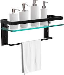 Floating glass shelves can help make the most of the frequently limited bathroom space. Vdomus Tempered Glass Bathroom Shelf With Towel Bar Wall Mounted Shower Storage 15 2 By 4 5 Inches With Anodic Oxidation Finish Blac