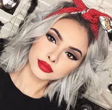 Loosen hair to add an element of texture and. Classic Makeup Bandana Hairstyle Grey Shadowroot Hair With Bandana Red Lip Makeup Rockabilly Hair Short Hair Styles Bandana Hairstyles Short