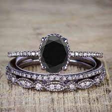 Oval Shape Black Diamond White Gold Plated 925 Silver Women S Wedding Ring Set Womens Wedding Ring Sets Black Diamond Ring Engagement Black Wedding Rings