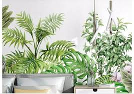 Oil Painting Green Plants Wallpaper Wall Mural Hand Painted Tropical Plants Wall Mural Tropical Pl Plant Wallpaper Plant Wall Wall Wallpaper