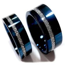 Black And Blue Wedding Rings For Her Wedding Bands Blue Meteorite Inlay Rings His And Her Etsy In 2020 Tungsten Wedding Bands Blue Tungsten Wedding Bands Blue Tungsten Ring