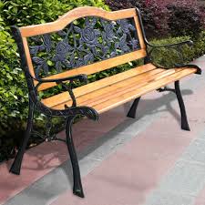 Costway Patio Park Garden Bench Porch Path Chair Furniture Cast Iron Hardwood Yellow Metal Garden Benches Outdoor Garden Bench Garden Bench