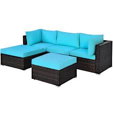 We have pontoon seating, boat seats, pontoon furniture, marine carpet, marine plywood. Costway Ottoman 5 Piece Patio Rattan Sectional Conversation Set With Turquoise Cushions Hw63848tu The Home Depot