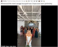 Yellow 3 tier wedding cake with daisy flower decoration by elle f designs. Is This The Most Cringe Worthy Bouquet Toss Ever Daily Mail Online