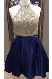 Black And Blue Prom Dress Dark Blue Satins Beading Sequins Halter A Line Short Prom Dresses Club Dresses Occasion Dresses Halter Prom Dresses Cute Prom Dresses Prom Dresses For Teens