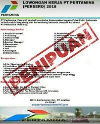 Maybe you would like to learn more about one of these? Pertamina Hai Sobat Informasi Dalam Poster Lowongan Kerja Ini Tidak Benar Alias Hoax Ya Waspadalah Terhadap Semua Bentuk Penipuan Rekrutmen Yang Mengatasnamakan Pertamina Selalu Pantau Channel Resmi Pertamina Untuk Informasi Dan
