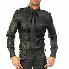 Men S Real Black Leather Police Military Style Shirt Bluf Etsy In 2021 Leather T Shirt Military Style Shirts Leather Shirt