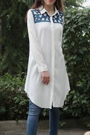 Kot Detayli Nakisli Bayan Uzun Tunik Gomlek Beyaz Moda Mistik Moda Tunik Gomlek