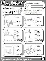 Print a set of prepositions of place flashcards, or print some for you to colour in and write the words! 2 In On Under Worksheets For Kindergarten Place Prepositions Worksheet 1 Bw Version English Lessons For Kids English Teaching Resources Preposition Worksheets