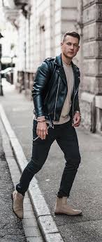 Wowa Valentino With A Fall Combo Idea With A Black Leather Zipper Jacket Beige Sweatshirt Wrist Accessories Si Black Jeans Men Jeans Outfit Men Mens Outfits