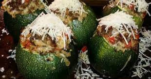 Round Stuffed Zucchini With Brown Rice Ground Beef Red Pepper Recipe By Michelle Recipe Recipes Zucchini Peppers Recipes