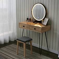 Amazon Com Yourliteamz Vanity Table Set With Touch Screen Adjustable Lighted Mirror With Cushioned Stool 3 Lighting Modes Round Mirror Dressing Table 2 Drawers Easy Assembly Furniture Decor