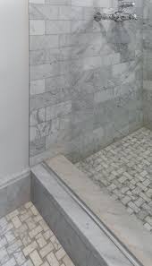 Guest Bathroom With Grey Subway Tile Shower Walls And Basket Weave Tile Floor Mosaic Tile Bathroom Floor White Mosaic Bathroom Tile Floor