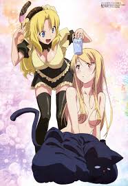 fujii masahiro, rita ainsworth, shiina mashiro, megami magazine, sakura-sou  no pet na kanojo, black legwear, absurdres, highres, non-web source,  official art, scan, 10s, 2girls, :d, :o, animal costume, blonde hair, blue  eyes,