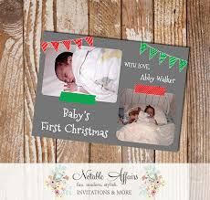 The traditional greeting reads wishing you. Baby S First Christmas On Gray Background Christmas Card