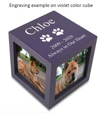 Pet cremation, newspaper article text. Large Violet Photo Cube Pet Cremation Urn