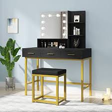 Perform your makeup routine before this hollywood style vanity mirror and enjoy a fantastic and healthy life. Amazon Com Povison Vanity Desk Vanity Table Set With Lighted Mirror 10 Light Bulbs Makeup Vanity Dressing Table With Stool Adjustable Lighting Brightness 3 Drawers And 2 Shelves For Women Girls Black Kitchen
