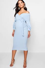 Maternity Off The Shoulder Wrap Midi Dress Boohoo Uk In 2020 Off Shoulder Maternity Dress Blue Maternity Dress Cocktail Dress Maternity