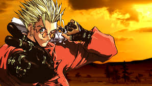 Vash is a tall figure, with spiked blond hair, he wears a long red trenchcoat and wears a pair of orange sunglasses. 927653 Vash The Stampede Anime Boys Trigun Anime Mocah Hd Wallpapers