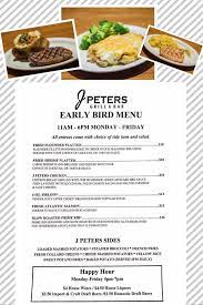 Mushrooms on toast (v) sautéed wild mushrooms, a dash of white wine and cream, served on garlic bread and topped with melted cheddar tomato and red pepper soup (vn, gf) homemade soup served with garlic croutons honey and lime chicken (gf) baked chicken breast with a honey and lime glaze, J Peters Early Bird Menu Now Available At All J Peters Facebook