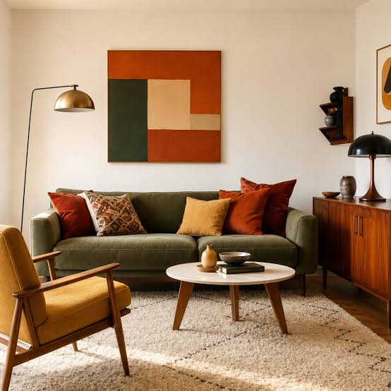 Cozy mid-century living room with an olive green sofa and warm earth-tone accents.