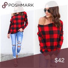 Black And White Checkered Off The Shoulder Top Red Buffalo Checkered Off Shoulder Knit Sweater Fashion Plaid Outfits Shoulder Top Shirts