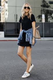 Fashion Jackson Wearing Little Black Dress Denim Jacket Golden Goose Sneakers Fashion Jackson Black Dresses Casual Sneaker Outfits Women