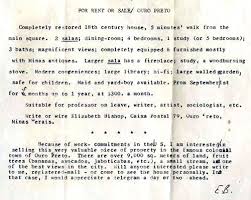 Elizabeth Bishop S Ad For The Rental Sale Of Her Home In Brazil Favorite Words Elizabeth Bishop Words