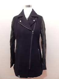 Details About American Eagle Womens Black Wool Pea Coat Moto Jacket Xs Vegan Leather Sleeves