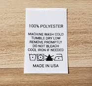 Printed Satin Care Clothing Labels- "100% Polyester" w/ Care Instructions- 1"(W) x 1.5"(H) -White w/ Black Text -Straight Cut