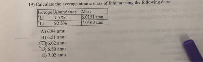 How to calculate atomic mass of an element, isotopes, isotope notation, atomic mass unit (amu), relative atomic mass, how to calculate it is sometimes referred to as atomic weight, relative atomic mass, or average atomic mass. 19 Calculate The Average Atomic Mass Of Lithium Chegg Com