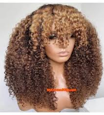 Our 100% virgin brazilian curly hair is silky, luxurious and wavy. Brazilian Virgin Ombre Blonde Curly Hair With Bangs 360 Frontal Wig Bh005 My Crowned Wigs