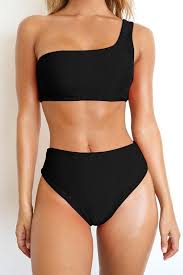 Solid High Waisted One Shoulder Bikini Two Piece Swimsuit Trendy Swimsuits Womens Swimsuits Bikini Cute Swimsuits