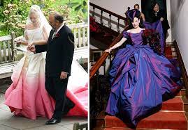 Gwen Stefani Dita Von Teese Add Color To Their Wedding Gowns Gwen S More Minimal Two Ton Colored Wedding Gowns Wedding Gown Inspiration Couture Bridal Gowns