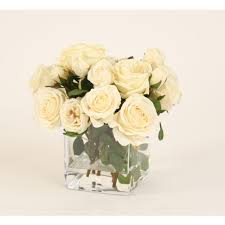 Mirrored square vase with flowers. Waterlook Cream White Roses In Square Glass Vase Distinctive Designs