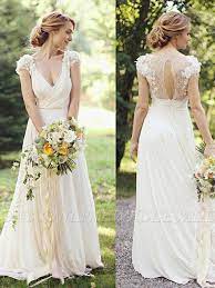 Floor Length A Line Ruched Chiffon V Neck Short Sleeves Wedding Dresses Www Baby Short Sleeve Wedding Dress Bohemian Wedding Dress Lace Simple Bridal Dresses
