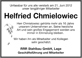 Rrr stahlbau gmbh provides construction services. Traueranzeigen Von Helfried Chmielowiec Lz Trauer