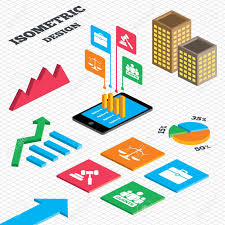 isometric design graph and pie chart scales of justice icon