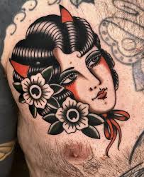 Black Traditional Lady Head Tattoo