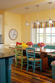 Traditional Dining Room Bright Colour Schemes Wood Floor Chairs Green Blue Window Table Pillows Re Yellow Kitchen Walls Yellow Dining Room Kitchen Color Yellow