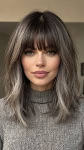 Effortless medium length gray for Textured Lob with Curtain Bangs 💄