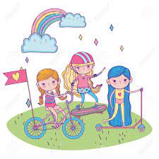 Will you have so much fun that. Happy Childrens Day Little Girls With Scooter Bike And Skateboard Royalty Free Cliparts Vectors And Stock Illustration Image 140030865