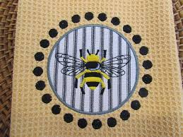 Black And White Striped Bees Napoleonic Bee And Circle Dots Applique Butter Black White Ticking Microfiber Waffle Weave Kitchen Towel Bee Waffle Weave Waffle Weave Towels