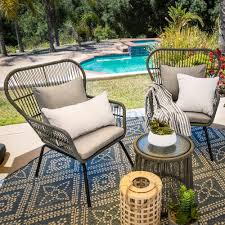 Best Choice Products 3 Piece Patio Wicker Conversation Bistro Set W 2 Chairs Glass Top Side Table Cushions Gray Walmart Com Bistro Set Outdoor Patio Decor Glass Top Side Table