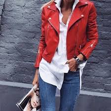 Cute Red Leather Jacket Over White Shirt And Blue Jeans Red Jacket Outfit Red Leather Jacket Outfit Jacket Outfits