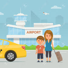 Cartoon Mother And Child With Luggage On Background Airport Terminal Holidays And Travel Vector Illustration Family At Modern Airport Buildi Desain Web Desain